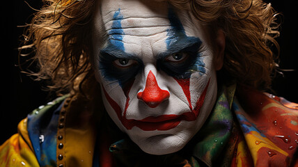 Clown face, creative and precise makeup for a clown face