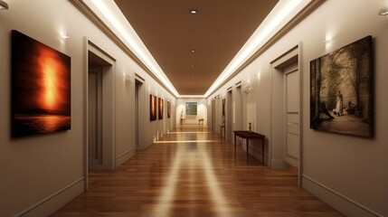 A gallery-style hallway with recessed lighting - Powered by Adobe