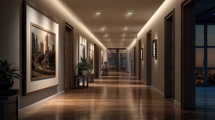 A gallery-style hallway with recessed lighting