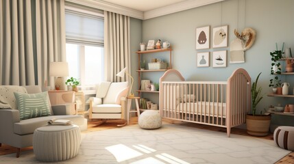 A gender-neutral nursery with soothing colors and whimsical decorations