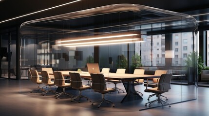 A glass-walled conference room with a modern pendant light
