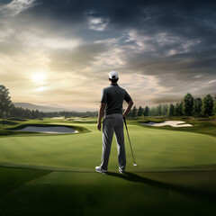 Golf player from behind standing at the field with the background in motion blur