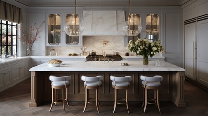 A gourmet kitchen with a marble-topped island and elegant barstools