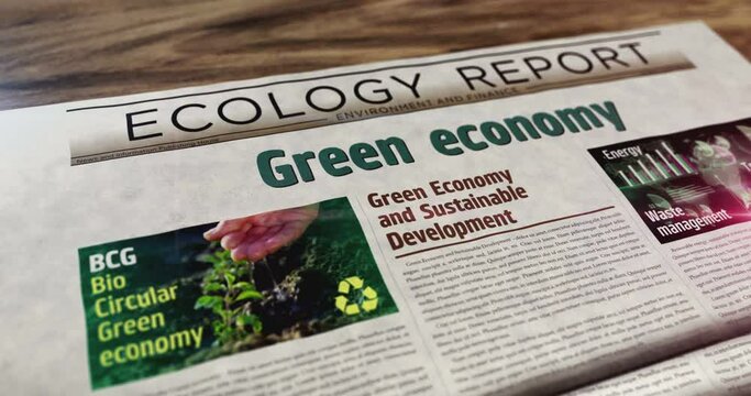 Green economy bio circular and eco friendly economy daily newspaper on table. Headlines news abstract concept 3d.