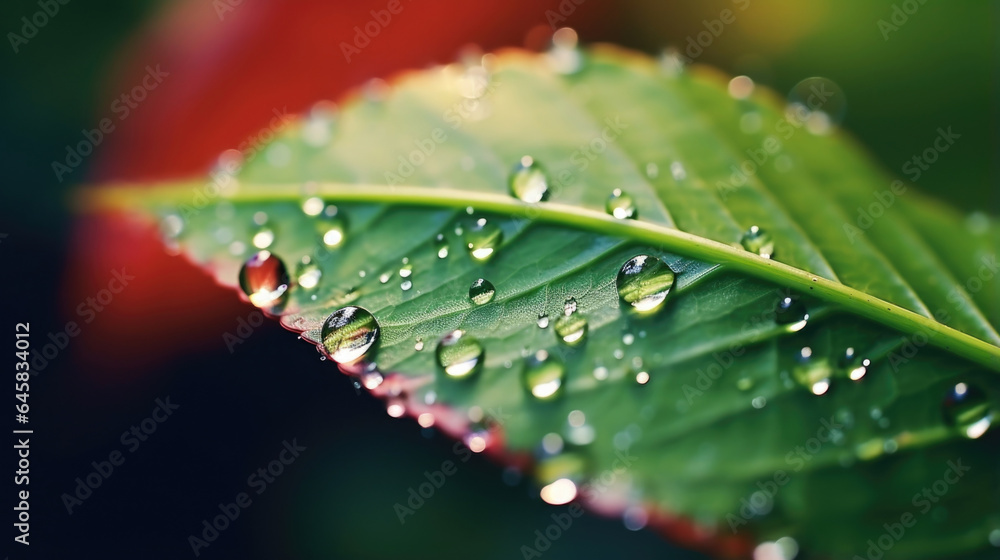 Poster delve into the world of macro photography with this bokeh scene, where tiny water droplets on a leaf