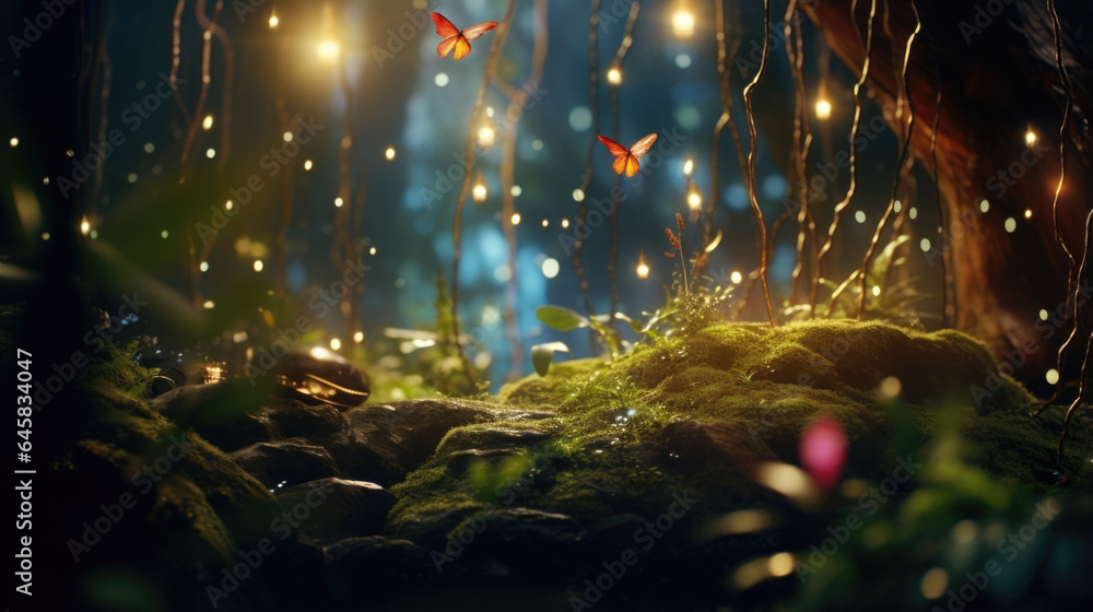 Poster discover the mystique of a magical forest at twilight through this bokeh scene, where fireflies crea