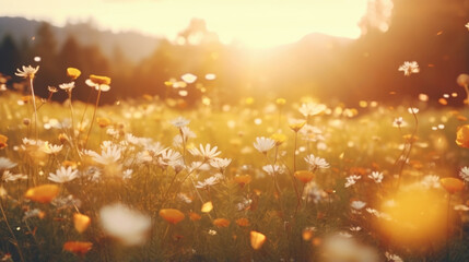 Escape to the countryside with this bokeh scene, showcasing rolling fields of wildflowers, where the morning sunrise casts a golden glow on dewcovered petals.