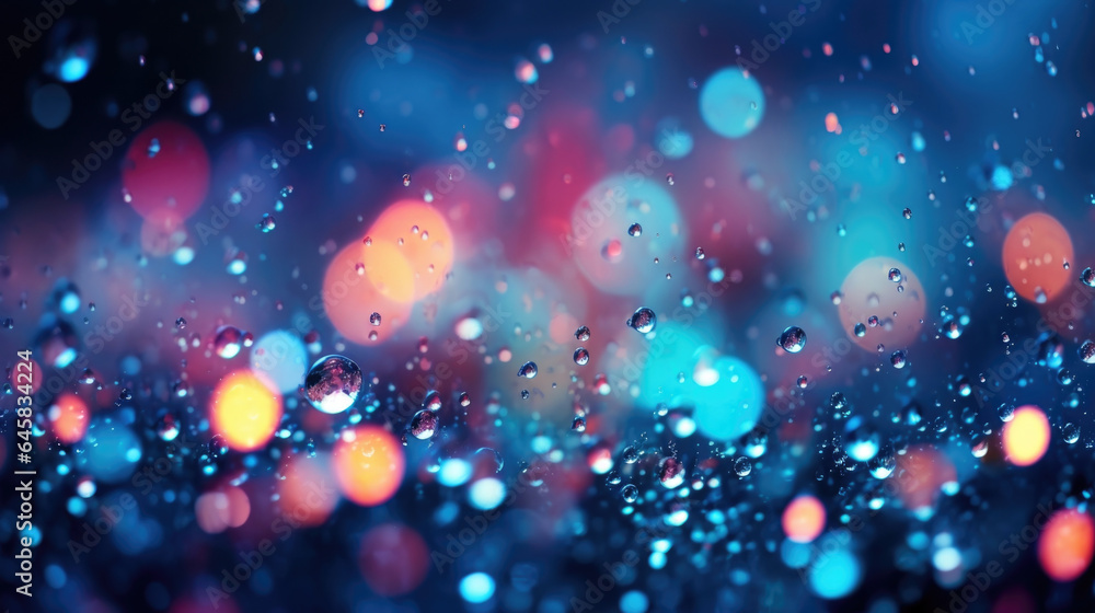 Poster experience the dance of rain bokeh through the lens, where a myriad of droplets create a dynamic and