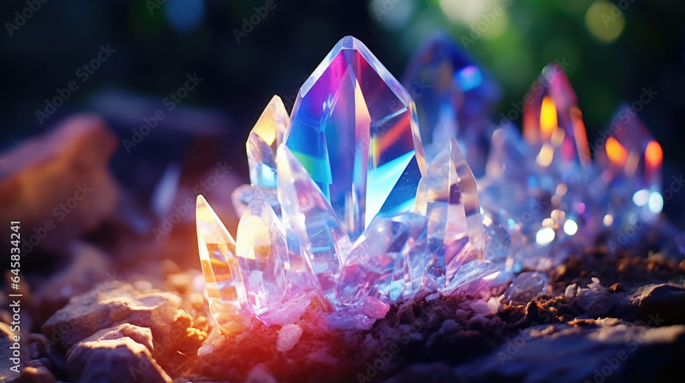 Poster witness the mesmerizing dance of light in this macro scene featuring crystals and prismatic objects.