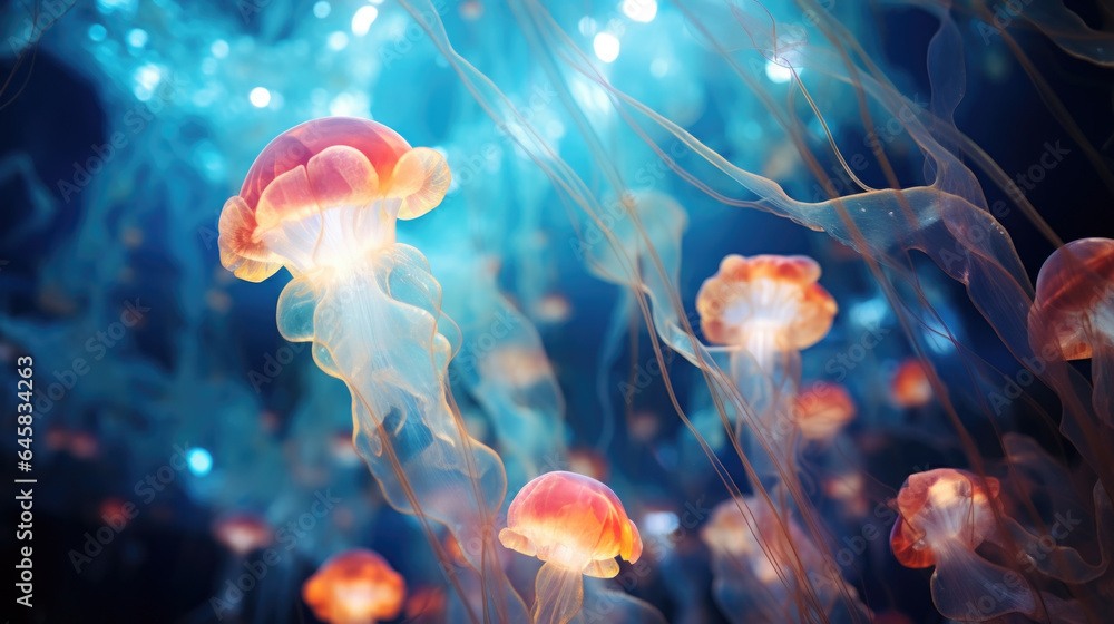 Poster delve into the microscopic world of a plankton bloom as tiny organisms sparkle with bioluminescence,