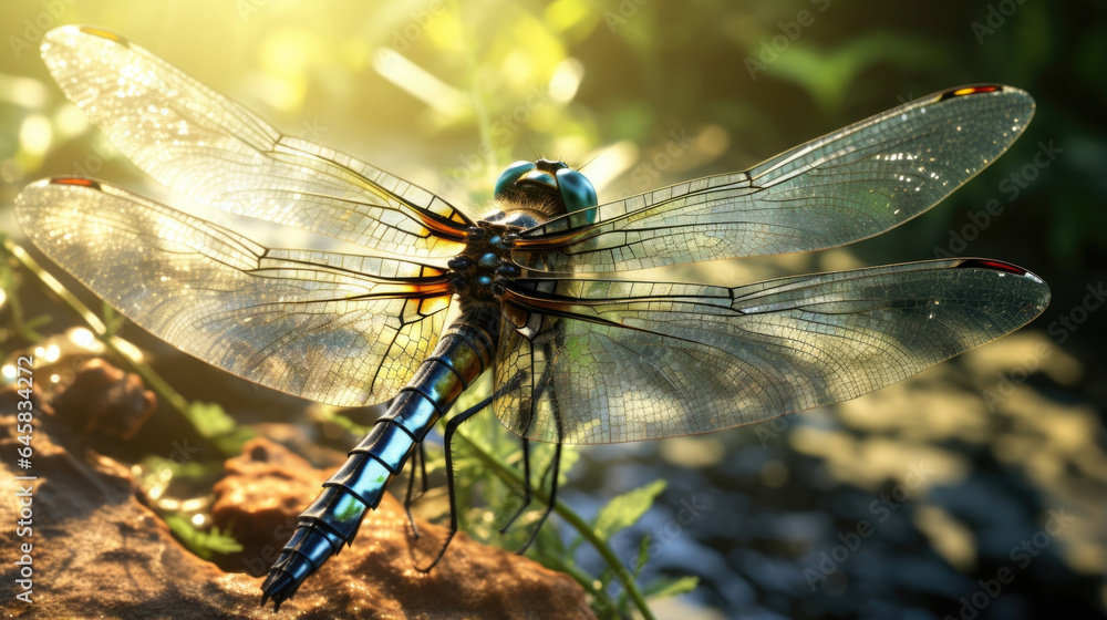Poster watch as sunlight filters through the translucent wings of a dragonfly, casting intricate patterns o