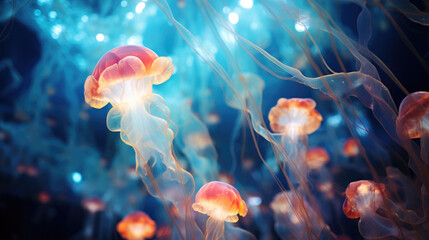 Delve into the microscopic world of a plankton bloom as tiny organisms sparkle with bioluminescence, creating an ethereal underwater spectacle.