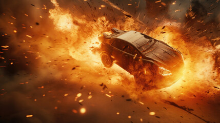 A fiery blast engulfs a vehicle, sending shards of metal and debris soaring into the atmosphere.
