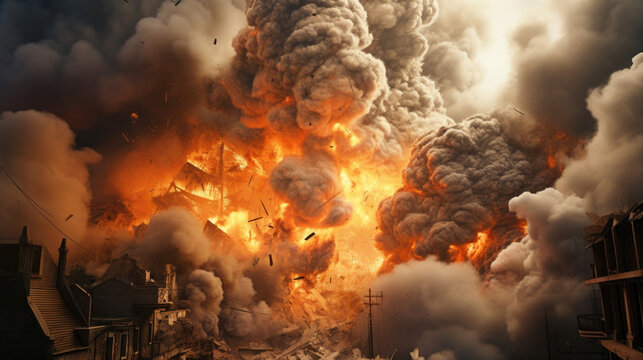 A gigantic blast engulfs an entire city block, reducing buildings to mere ruins and sending a plume of smoke skyward.