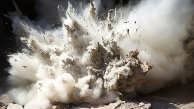 A series of implosions implodes a structure, gradually collapsing it into a cloud of dust and rubble.