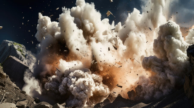 An explosive eruption creates a cascading avalanche of debris, tumbling down with destructive force.