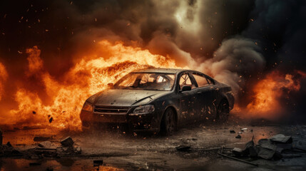 Fototapeta na wymiar A car engulfed in flames and black smoke after a violent explosion.