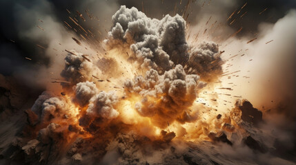 A powerful explosion apart the ground, creating a massive crater as smoke billows upward.