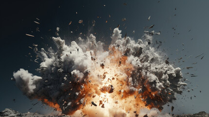 The explosion disperses countless fragments of debris into the air, creating a cascading shower of destruction.