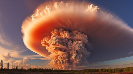 A massive eruption creates a mushroomlike cloud formation, billowing upward with immense force.