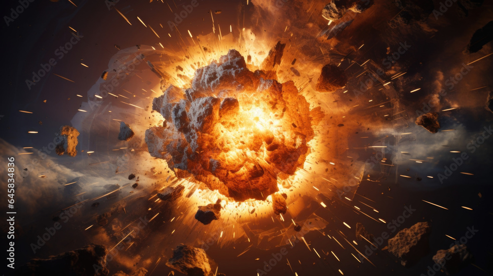 Poster the abrupt detonation of explosives sends a shockwave through a space, creating a destructive impact