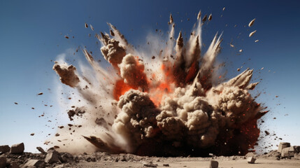 A forceful detonation fracturing the ground, throwing debris high into the air.