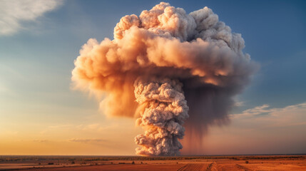 A mushroomshaped plume of smoke rises high above the horizon, marking the aftermath of a powerful detonation.