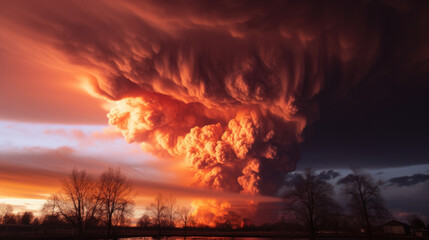 A massive fireball engulfs the area, as if the sky itself has erupted into flames.