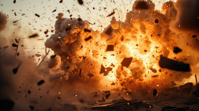 A bomb explosion ters debris in every direction, leaving behind a chaotic scene of destruction and ruin.