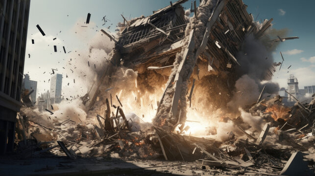 A catastrophic blast wave, shattering windows and causing structural damage as it expands.