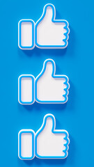 three like icons on blue stage, social media and communications theme, 3d rendering