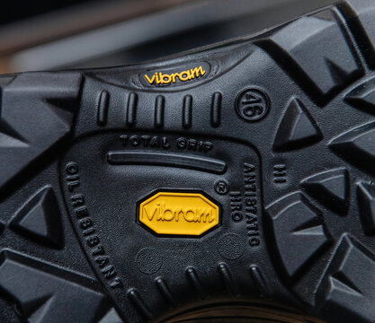 Hamburg, Germany - Feb 16, 2022: Vibram logotypw on a working shoes Antistatic and Oil Resistant - Vibram-branded rubber outsoles