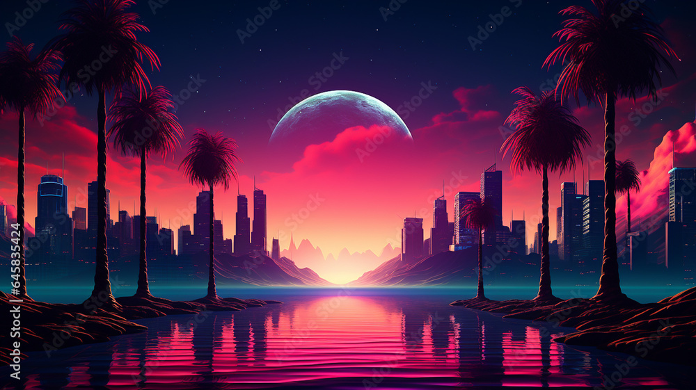 Wall mural abstract 3d synthwave colorful neon background banner