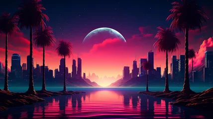 Foto op Canvas Abstract 3d synthwave colorful neon background banner  © Artofinnovation