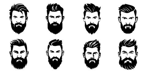 Man face portrait with full beard and mustache. Haircut black silhouette vector collection