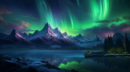 Fototapeta na wymiar Aurora borealis northern lights night sky in frozen winter, landscape background