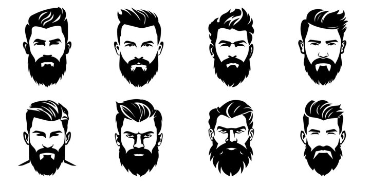 Man face portrait with full beard and mustache. Haircut black silhouette vector collection