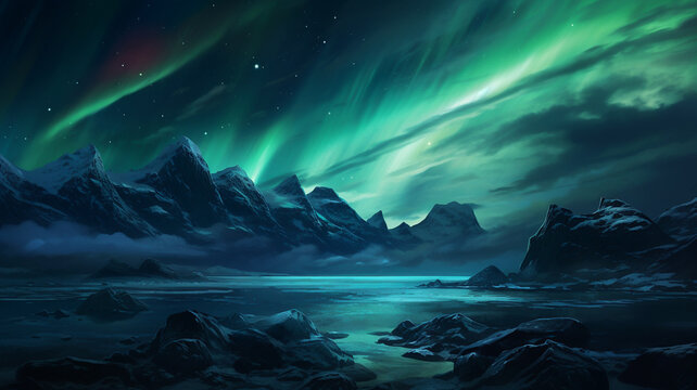 Aurora borealis northern lights night sky in frozen winter, landscape background