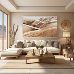 Cozy and bright living room in villa by 3d rendering
