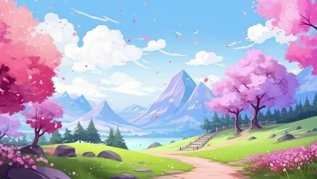 Anime background style of beautiful spring day with trees and mountains and flowers