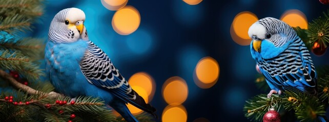 Budgerigar parrot, common parakeet, shell parakeet, budgie near Christmas tree. Christmas holidays for feathery companion