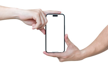 Hand showing smartphone with blank screen isolated on white background