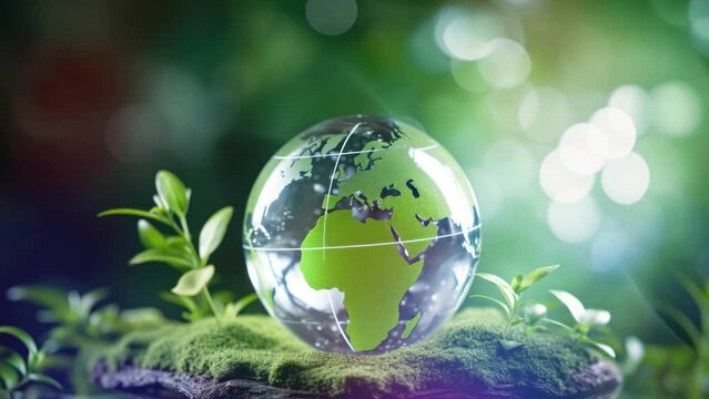 Crystal globe with sustainable development and ESG icon for environment social, governance, and business cooperation for World sustainable environment social governance concept.