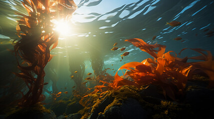 Fototapeta na wymiar an aquarium’s kelp forest, giant kelp swaying in the artificial current, Garibaldi fish darting about. Late afternoon lighting