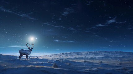 frozen tundra, Aurora Borealis visible, distant figure of a lone reindeer, moonlit