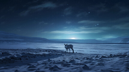 frozen tundra, Aurora Borealis visible, distant figure of a lone reindeer, moonlit