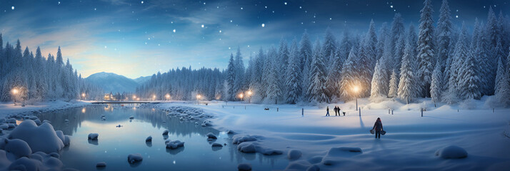 a snow - covered forest, frozen lake, families ice - skating, snowmen, and fairy lights in the trees, captured during blue hour