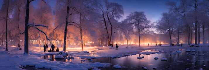 a snow - covered forest, frozen lake, families ice - skating, snowmen, and fairy lights in the trees, captured during blue hour