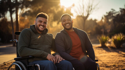 two friends, one in a wheelchair and the other standing, both smiling genuinely at the camera. Outdoor park setting, sun behind subjects for a halo effect