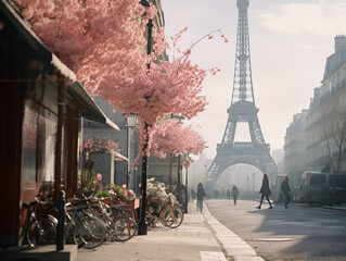 Paris streets adorned with spring flowers, Eiffel Tower in the background, morning mist, pedestrians with umbrellas